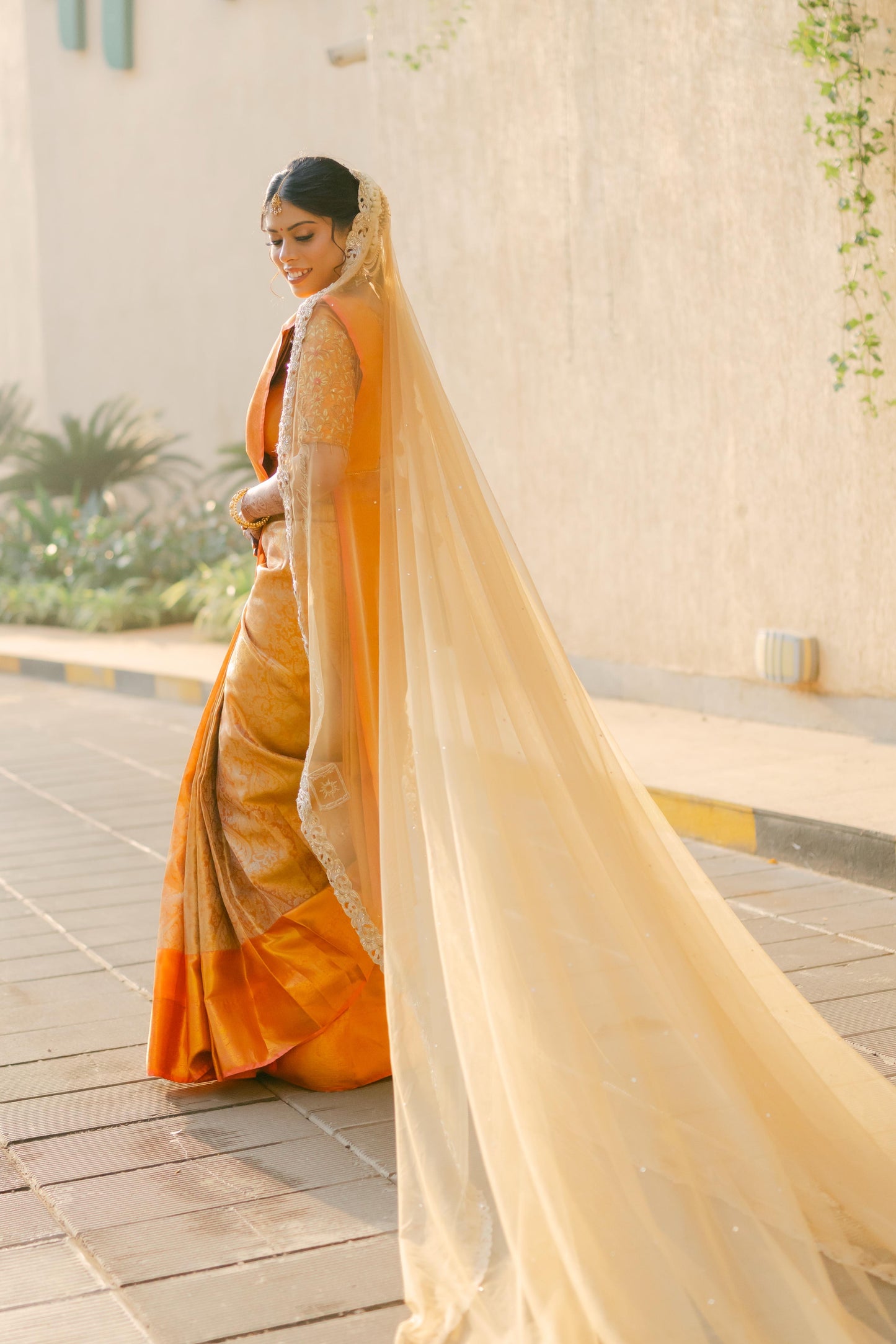 Golden Hour : A Love story veil in Golden with 10 Storytelling Motifs and Cut-work Floral Border