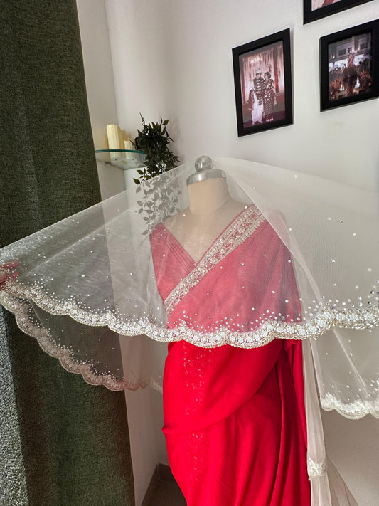 Ivory Pearlfall : Ivory Pearl Bridal Veil with Scalloped border with Ombré Pearl Detailing