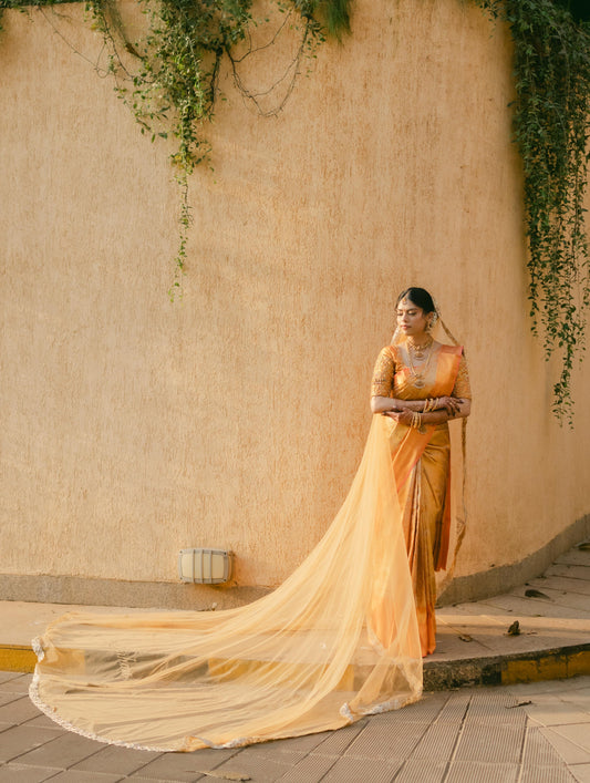 Golden Hour : A Love story veil in Golden with 10 Storytelling Motifs and Cut-work Floral Border