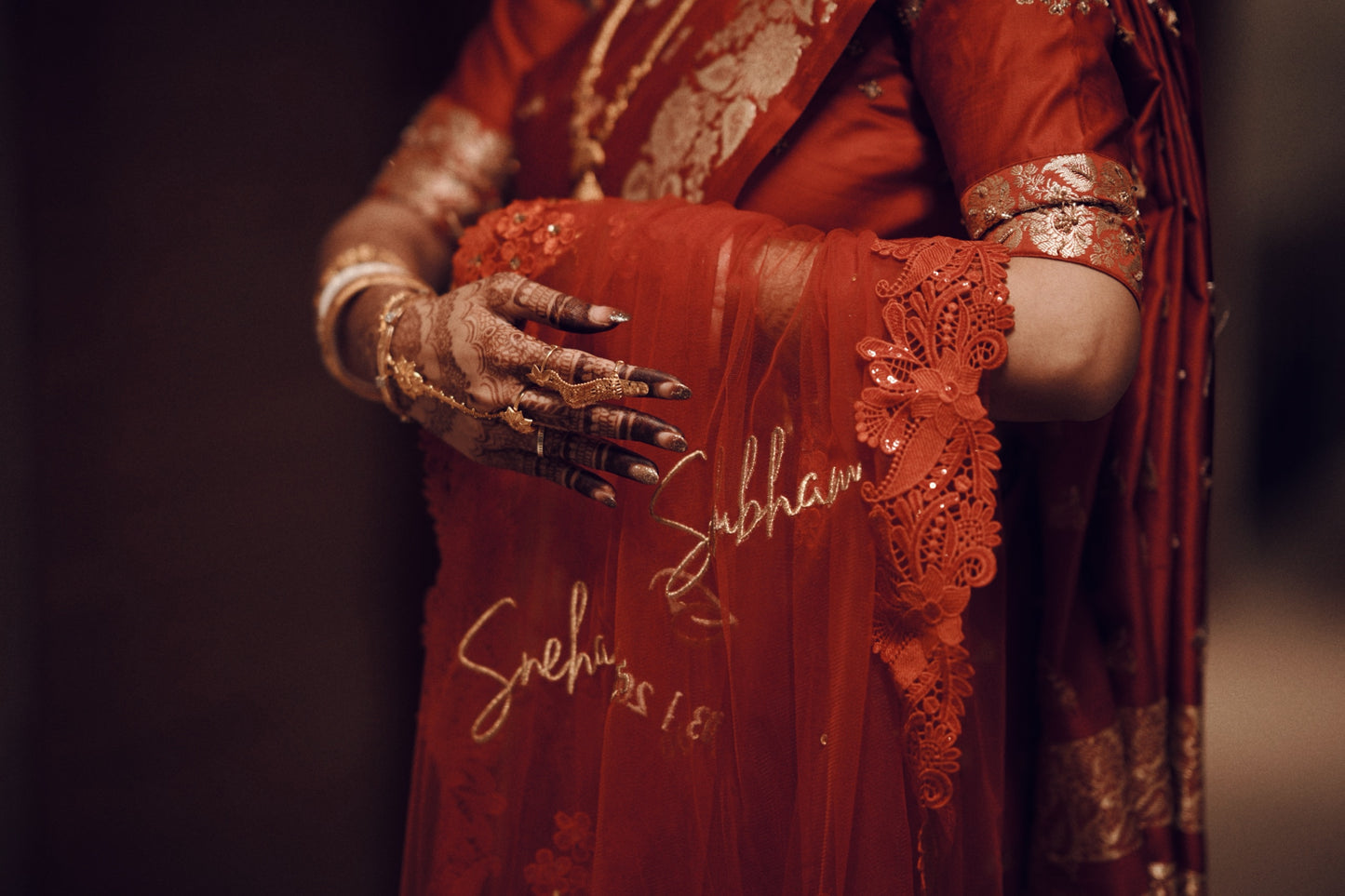 Ever Thine – Romantic Red Veil with Bride & Groom Names in Custom Embroidery