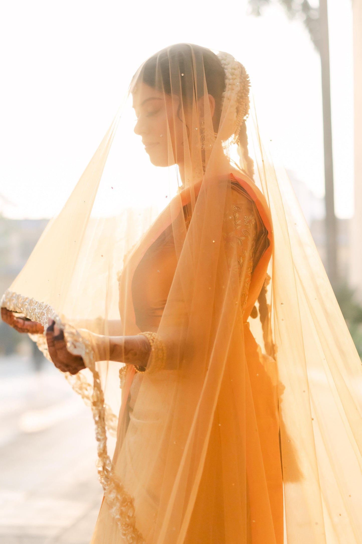 Golden Hour : A Love story veil in Golden with 10 Storytelling Motifs and Cut-work Floral Border