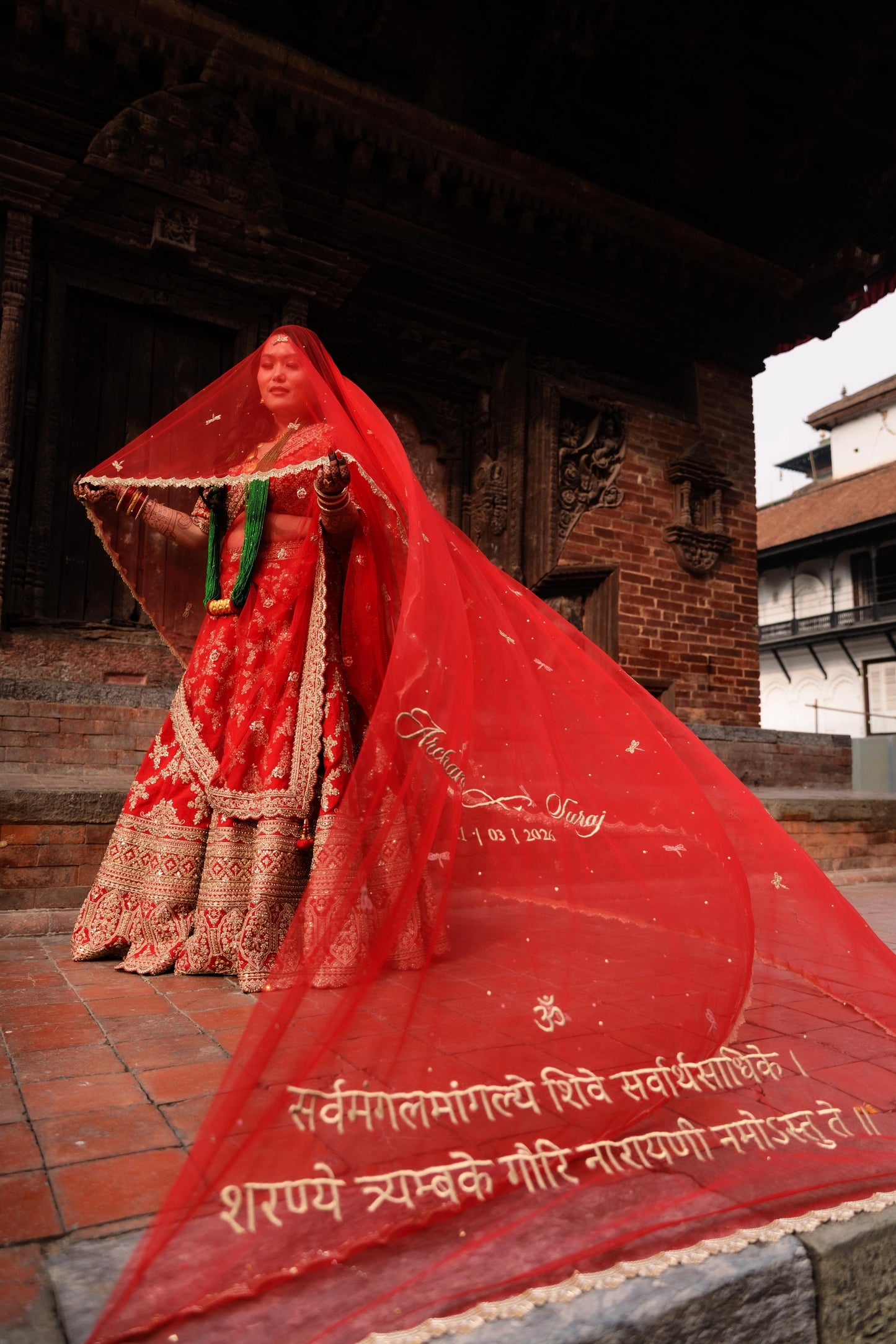 Enchanted Wings : Classic Red Bridal Veil with Stone-Studded Dragonflies & shlokas