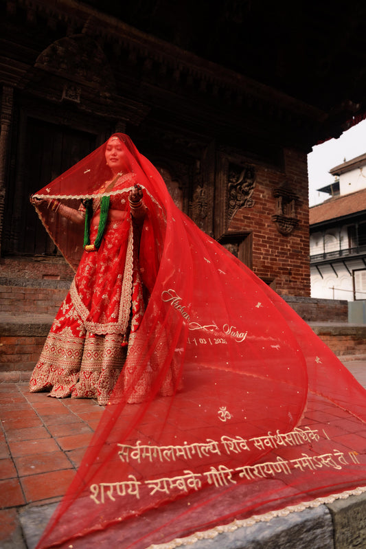 Enchanted Wings : Classic Red Bridal Veil with Stone-Studded Dragonflies & shlokas
