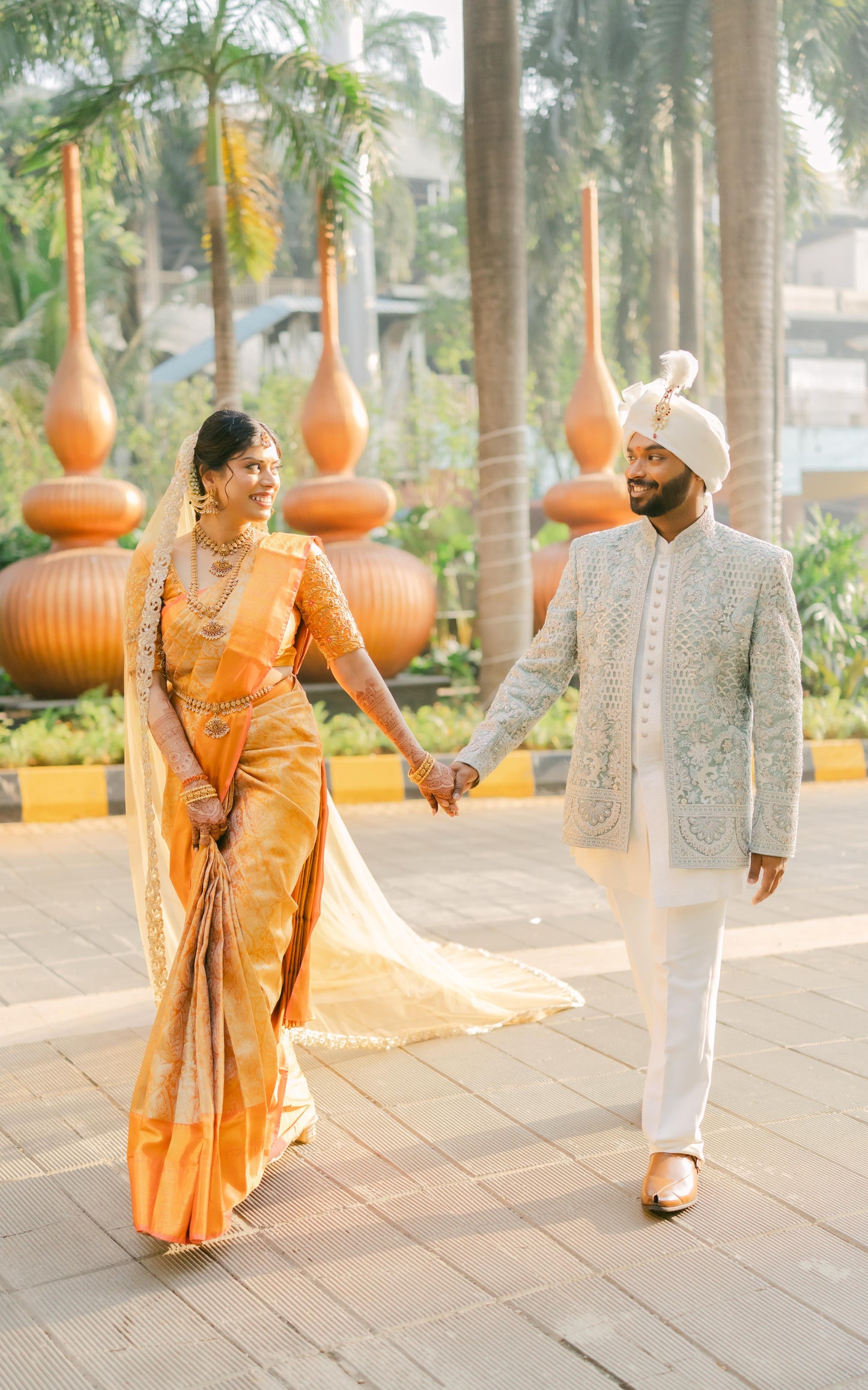 Golden Hour : A Love story veil in Golden with 10 Storytelling Motifs and Cut-work Floral Border