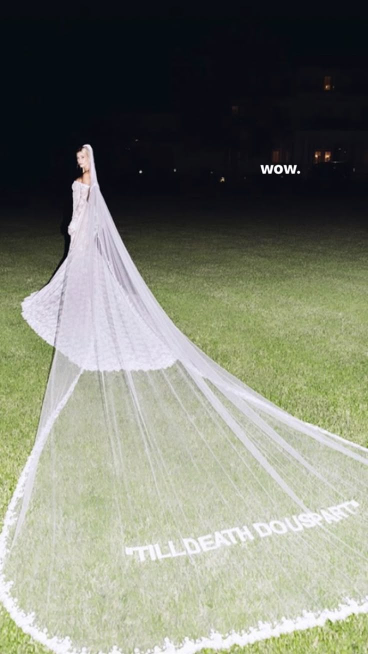 Hailey : "Till Death Do Us Part" quoted 2-tier Ivory white Cathedral Length Veil