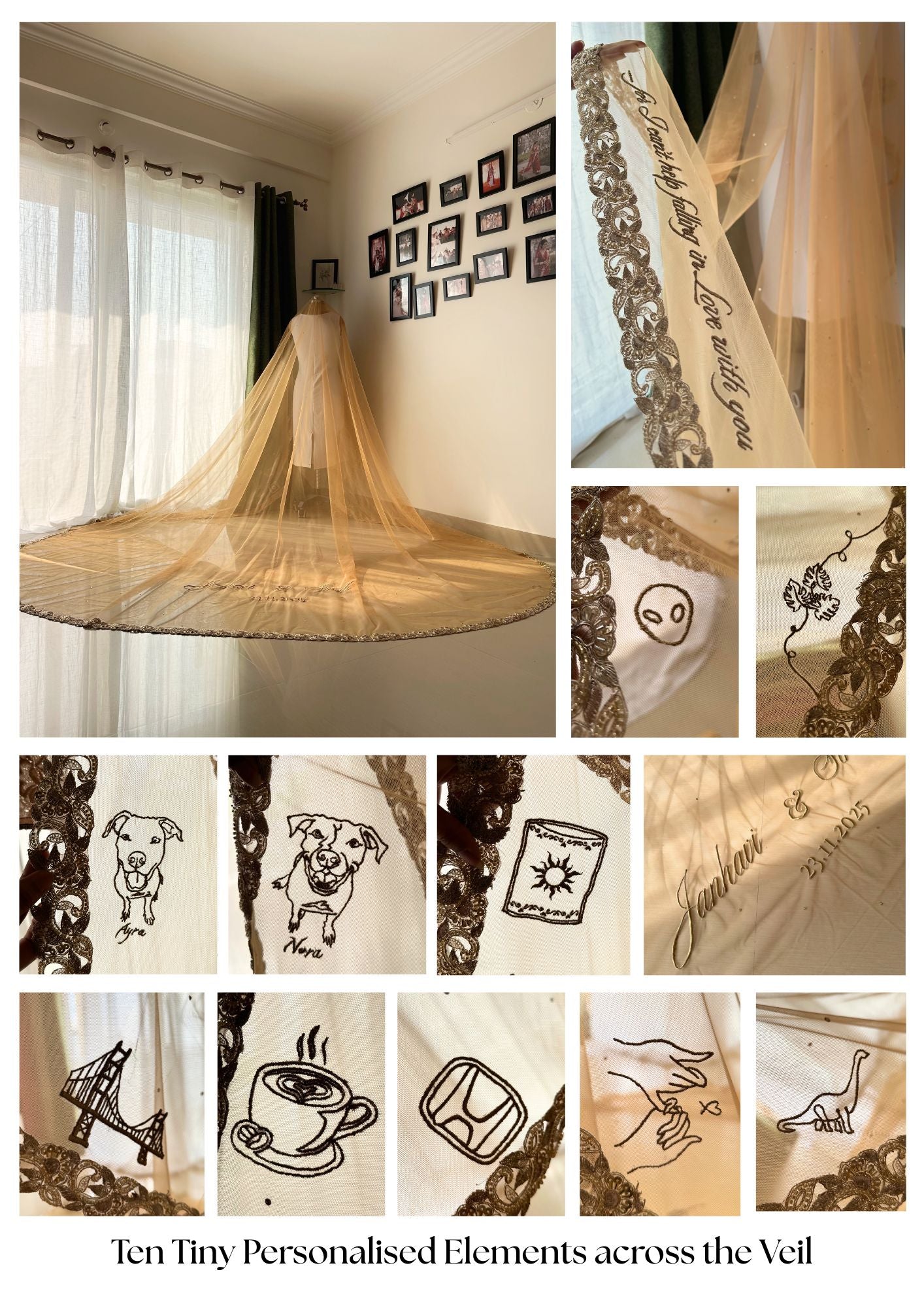 Golden Hour : A Love story veil in Golden with 10 Storytelling Motifs and Cut-work Floral Border