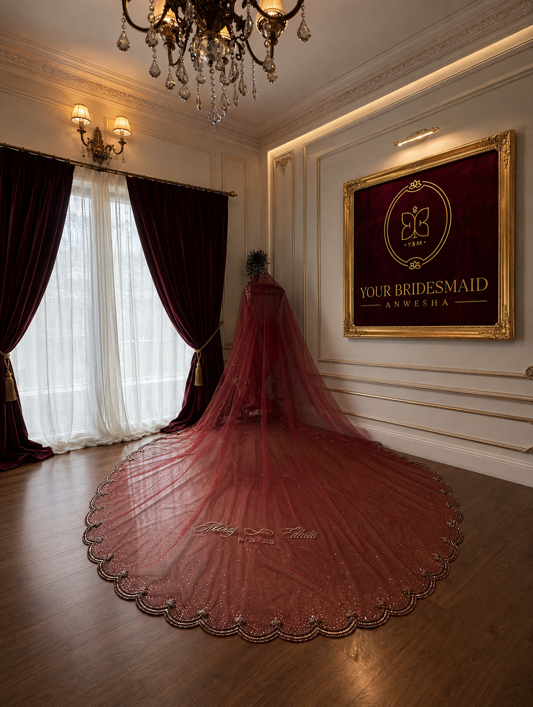 The Scarlet Solstice – Hand Embroidered Maroon Sequins Veil in Ombré with Custom scalloped Borders