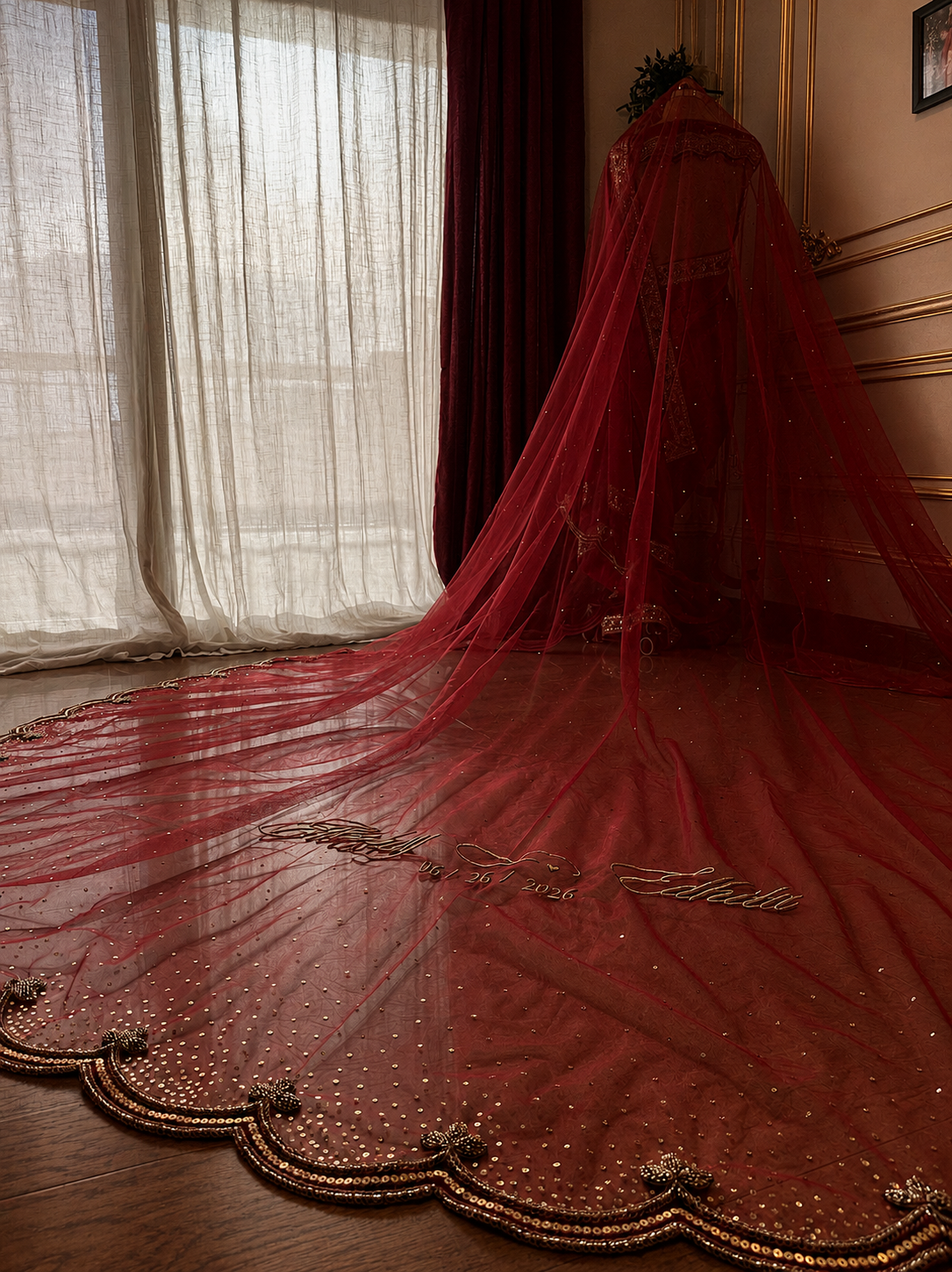 The Scarlet Solstice – Hand Embroidered Maroon Sequins Veil in Ombré with Custom scalloped Borders