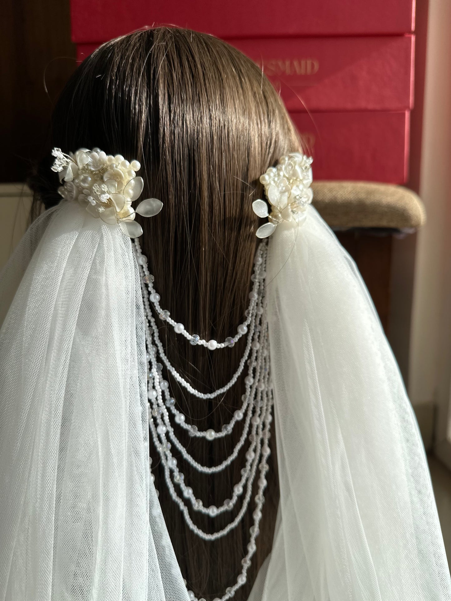 Enchanted : The jewelled Ivory Draped Veil with resin floral hair accessories and floral embroidery