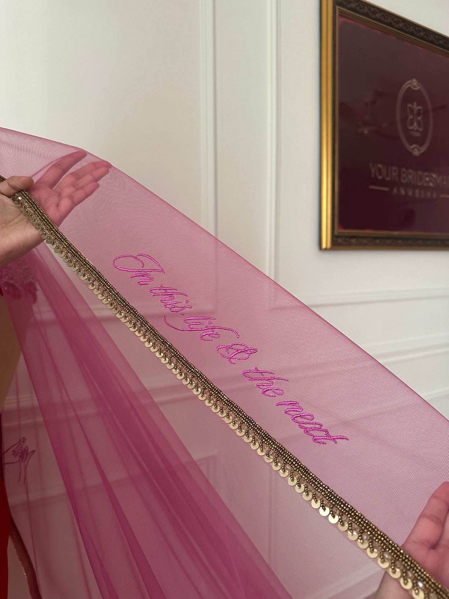 Pinky promise : A cathedral length pink veil with 3 personalisations and a handcrafted border