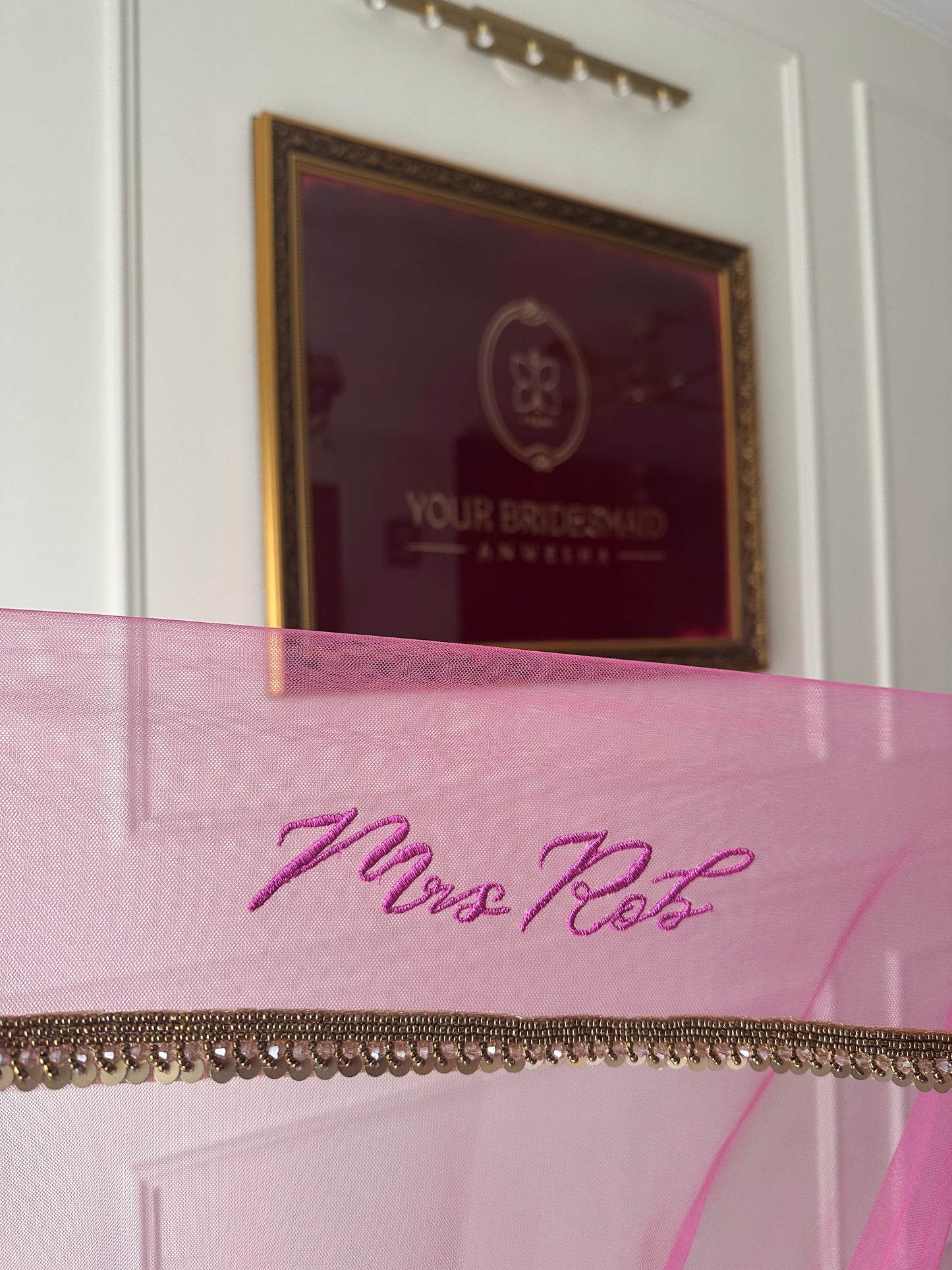 Pinky promise : A cathedral length pink veil with 3 personalisations and a handcrafted border
