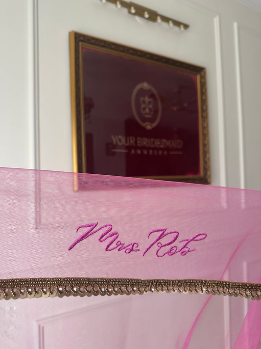 Pinky promise : A cathedral length pink veil with 3 personalisations and a handcrafted border