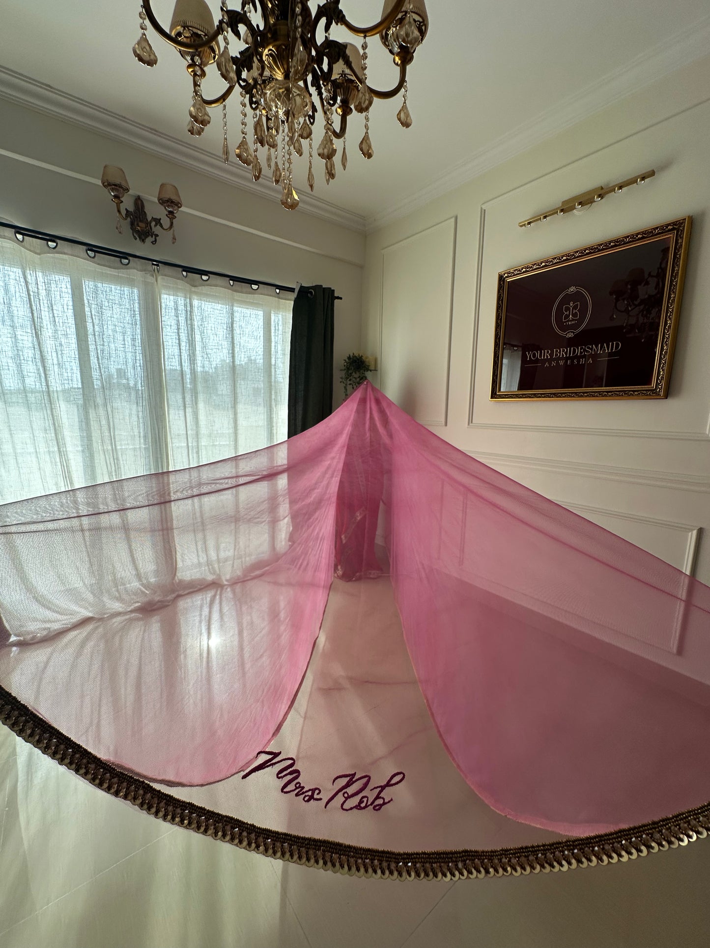 Pinky promise : A cathedral length pink veil with 3 personalisations and a handcrafted border