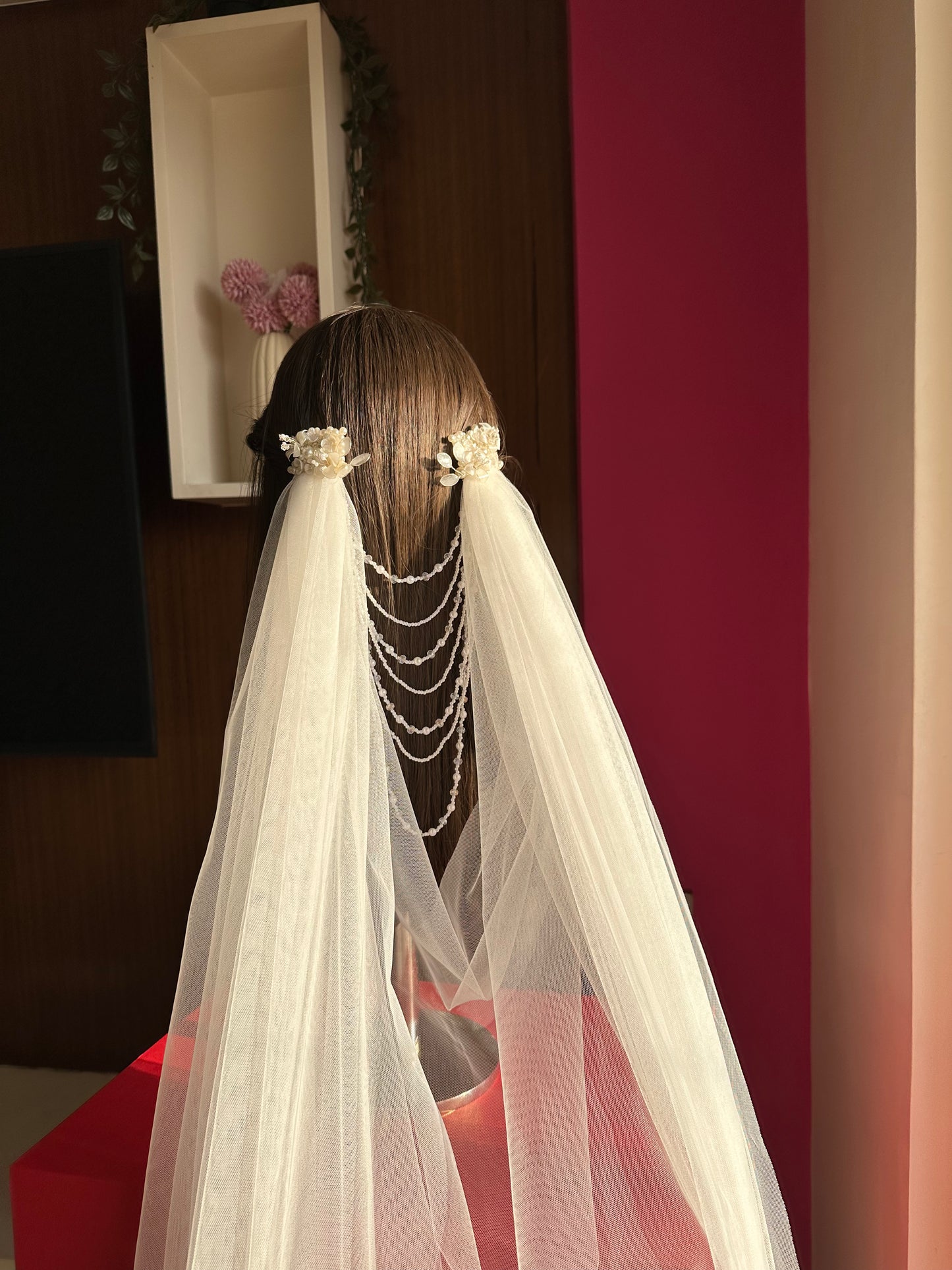 Enchanted : The jewelled Ivory Draped Veil with resin floral hair accessories and floral embroidery