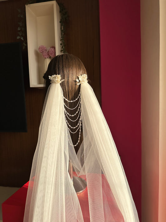 Enchanted : The jewelled Ivory Draped Veil with resin floral hair accessories and floral embroidery