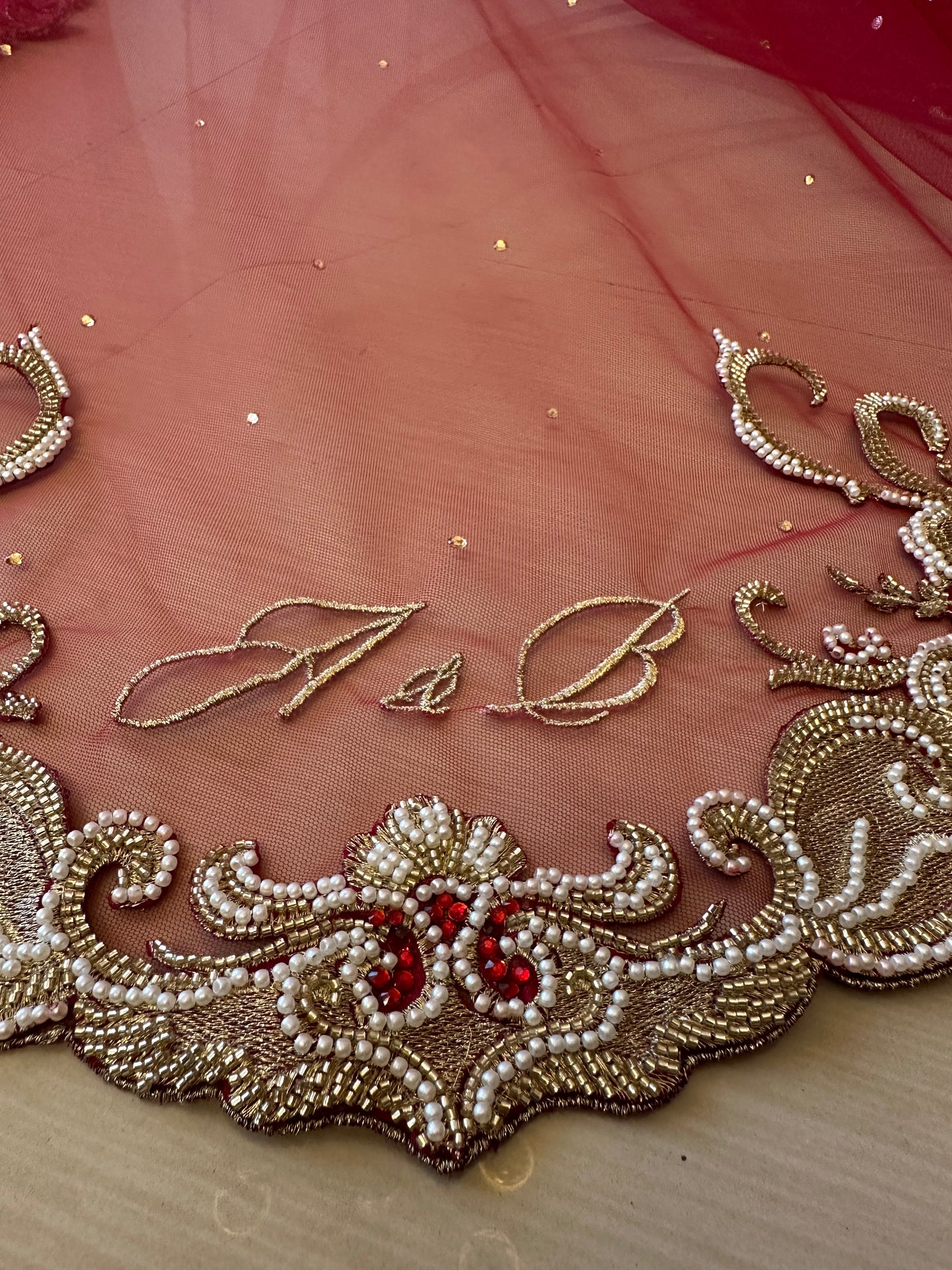 Saanjh-e-Mor : Scalloped Handcrafted Veil with Embroidered Peacock and floral border