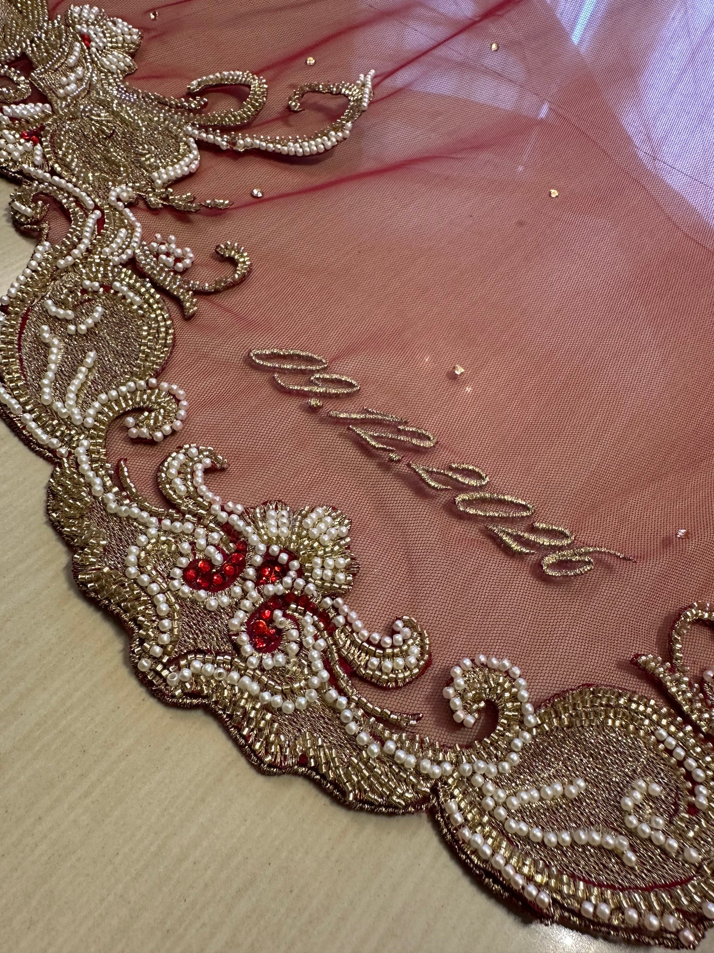 Saanjh-e-Mor : Scalloped Handcrafted Veil with Embroidered Peacock and floral border