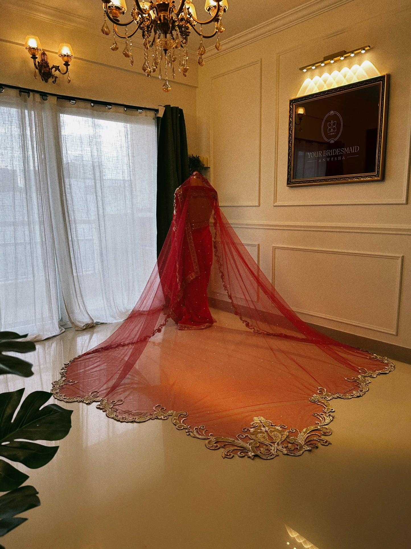 Saanjh-e-Mor : Scalloped Handcrafted Veil with Embroidered Peacock and floral border