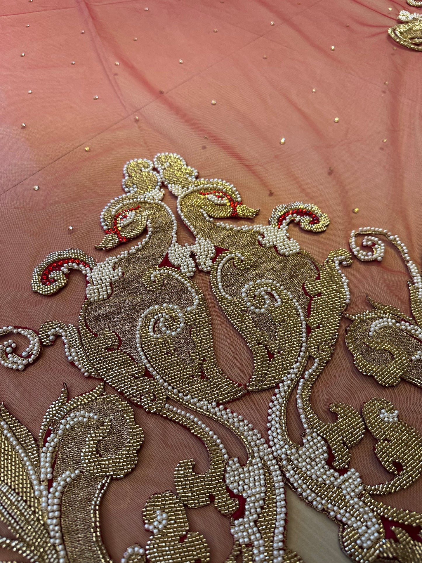 Saanjh-e-Mor : Scalloped Handcrafted Veil with Embroidered Peacock and floral border