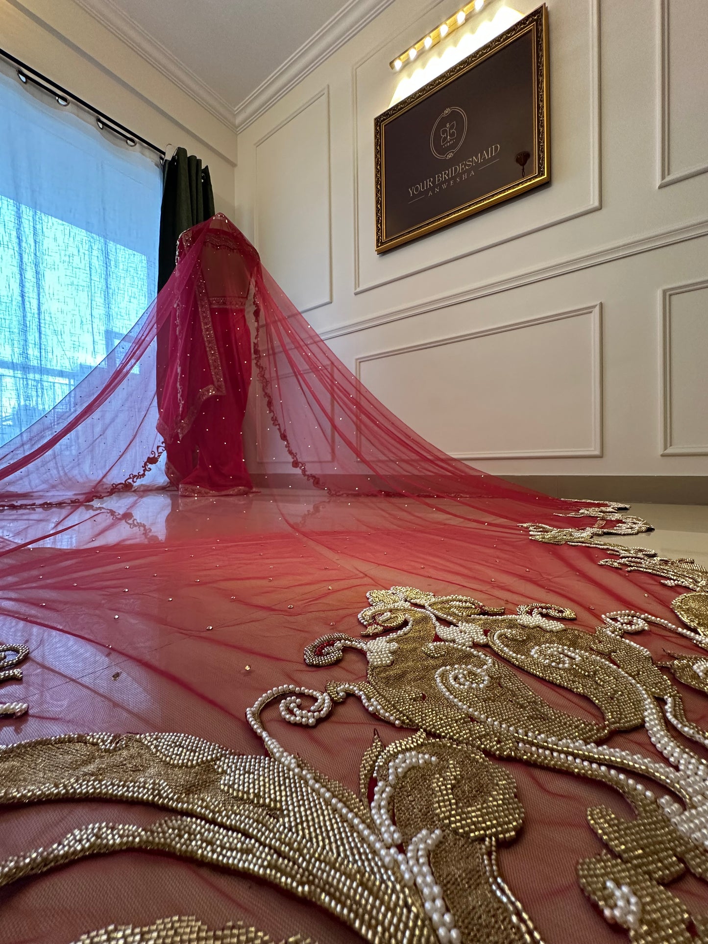 Saanjh-e-Mor : Scalloped Handcrafted Veil with Embroidered Peacock and floral border