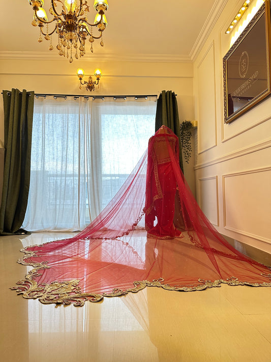 Saanjh-e-Mor : Scalloped Handcrafted Veil with Embroidered Peacock and floral border