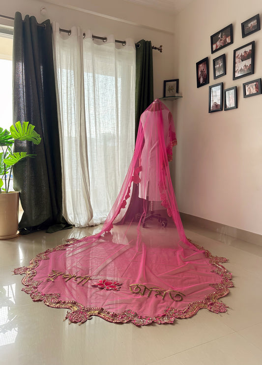 Padmavati: A Custom pink Bridal Veil with Embroidered Border & Lotus Personalisation