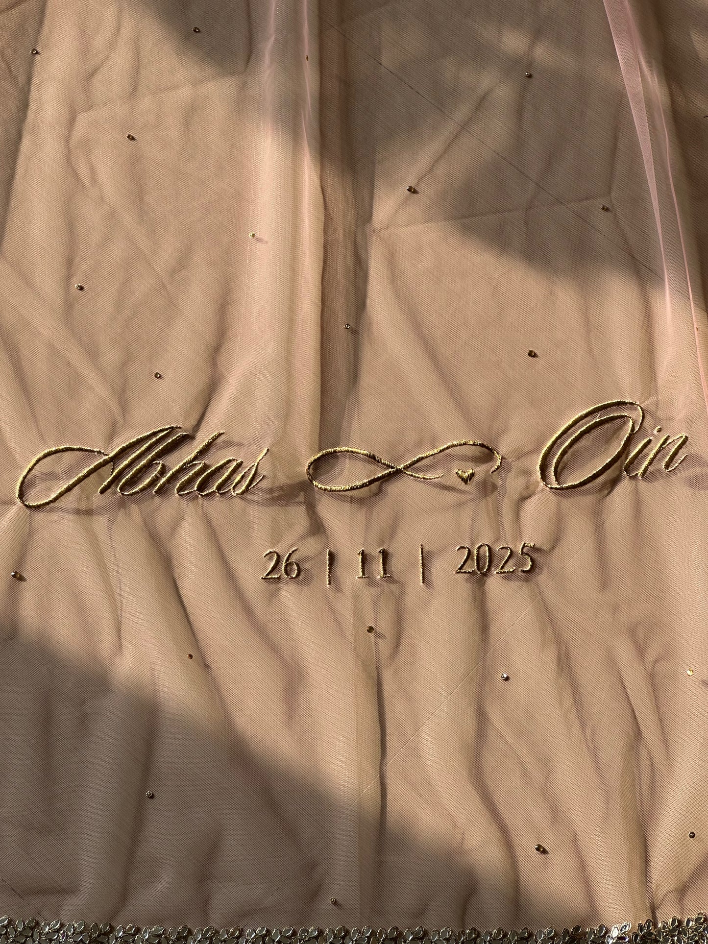 Sheesh Mahal : A Peachy-Pink mirrored Cathedral length Bridal Veil with embroidered personalisations