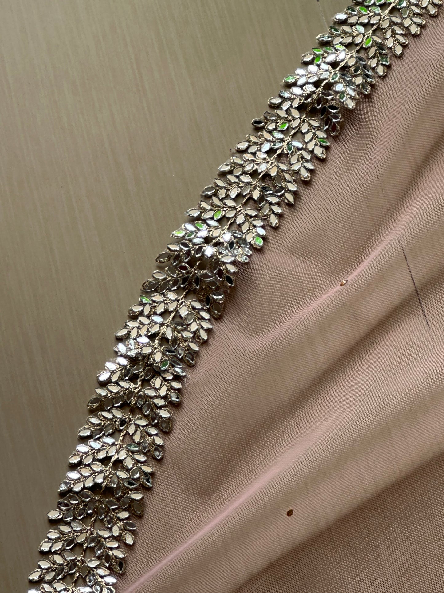 Sheesh Mahal : A Peachy-Pink mirrored Cathedral length Bridal Veil with embroidered personalisations