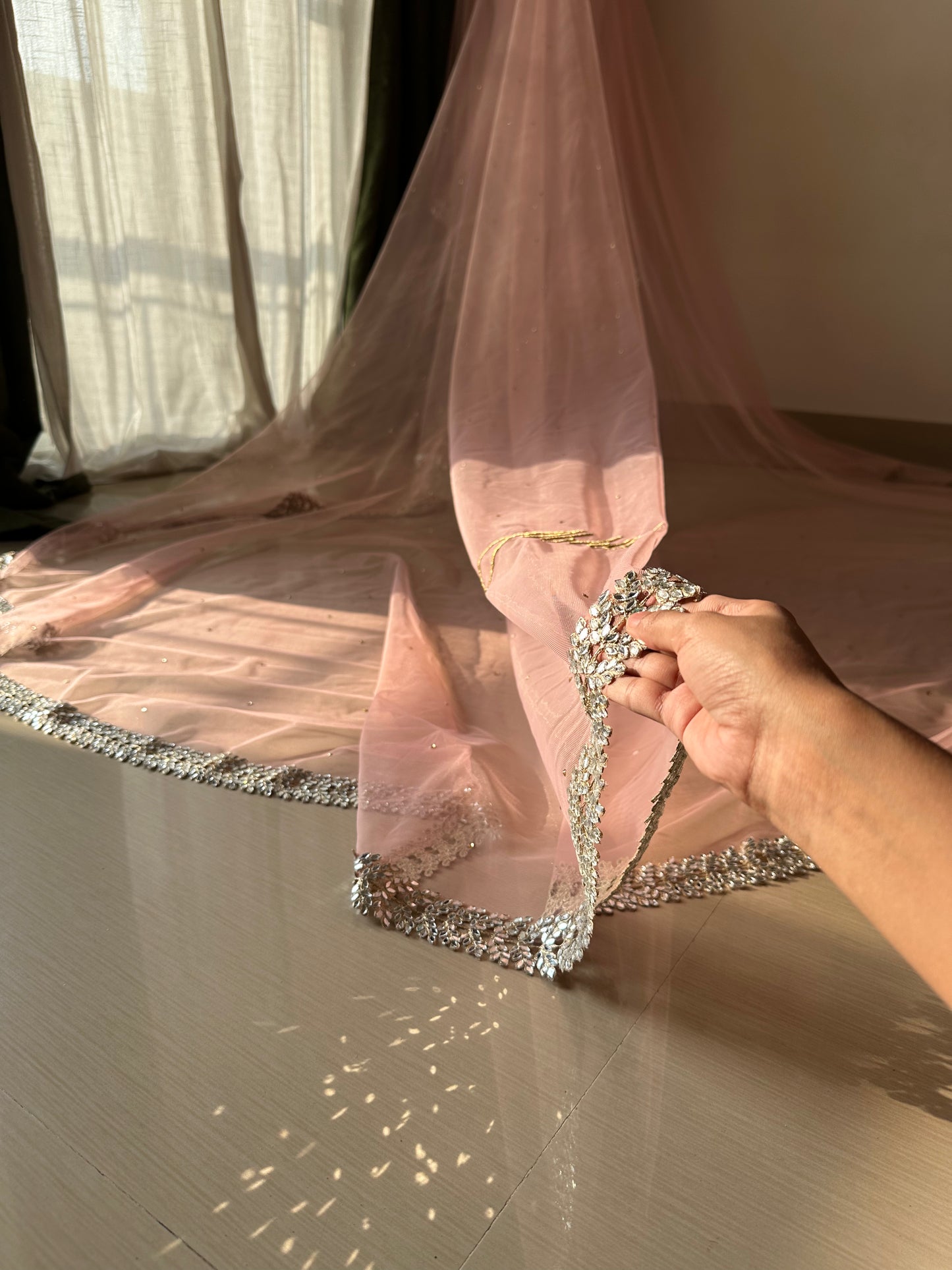 Sheesh Mahal : A Peachy-Pink mirrored Cathedral length Bridal Veil with embroidered personalisations