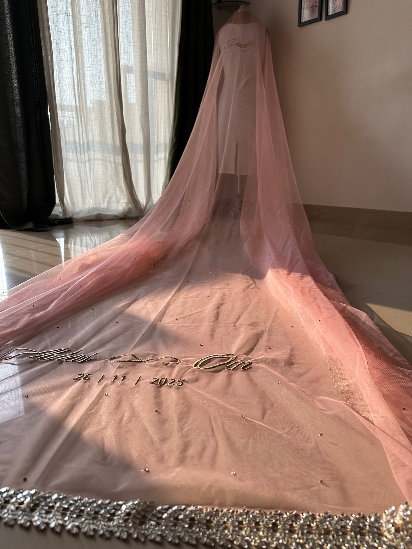 Sheesh Mahal : A Peachy-Pink mirrored Cathedral length Bridal Veil with embroidered personalisations