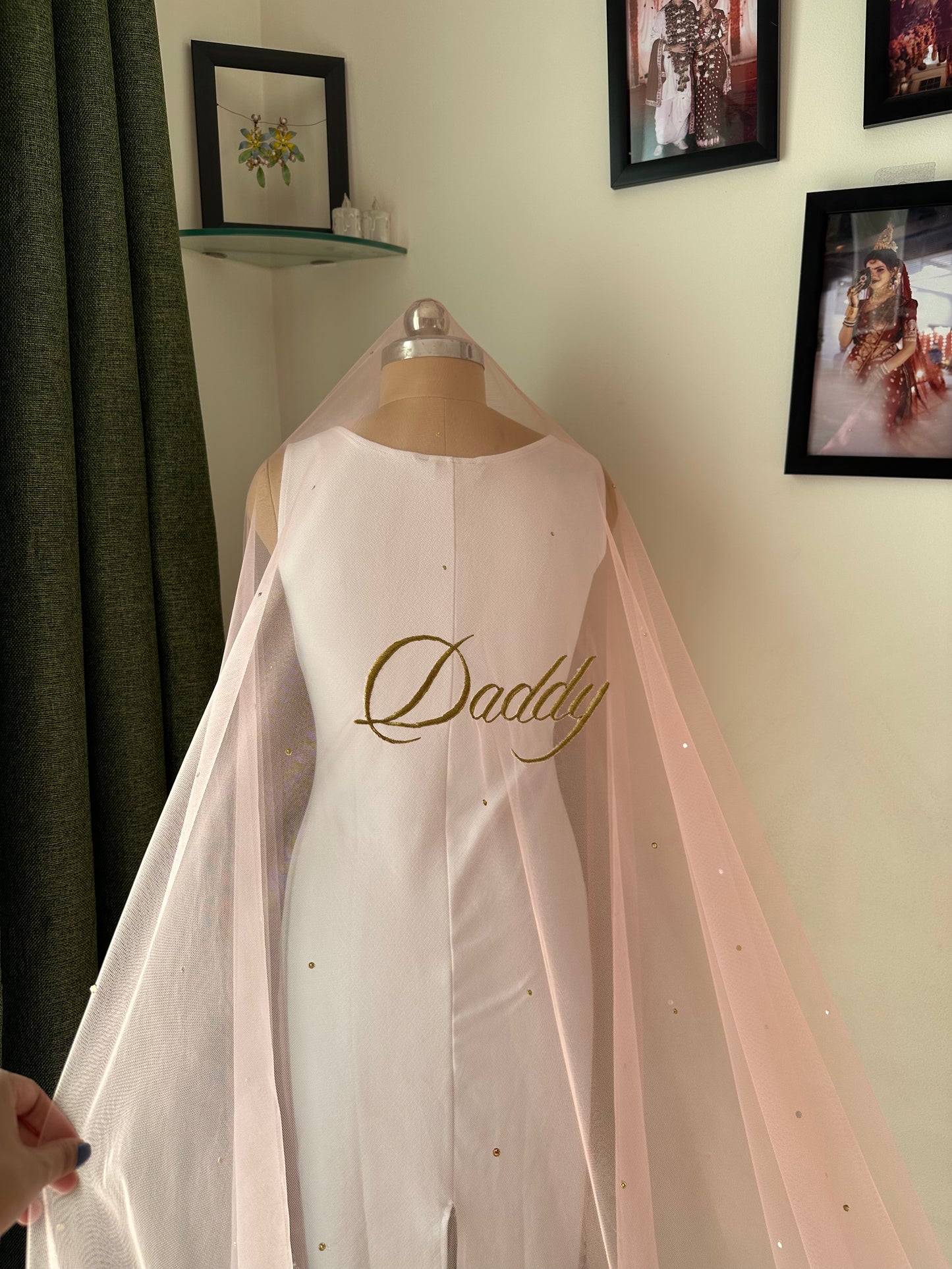 Sheesh Mahal : A Peachy-Pink mirrored Cathedral length Bridal Veil with embroidered personalisations