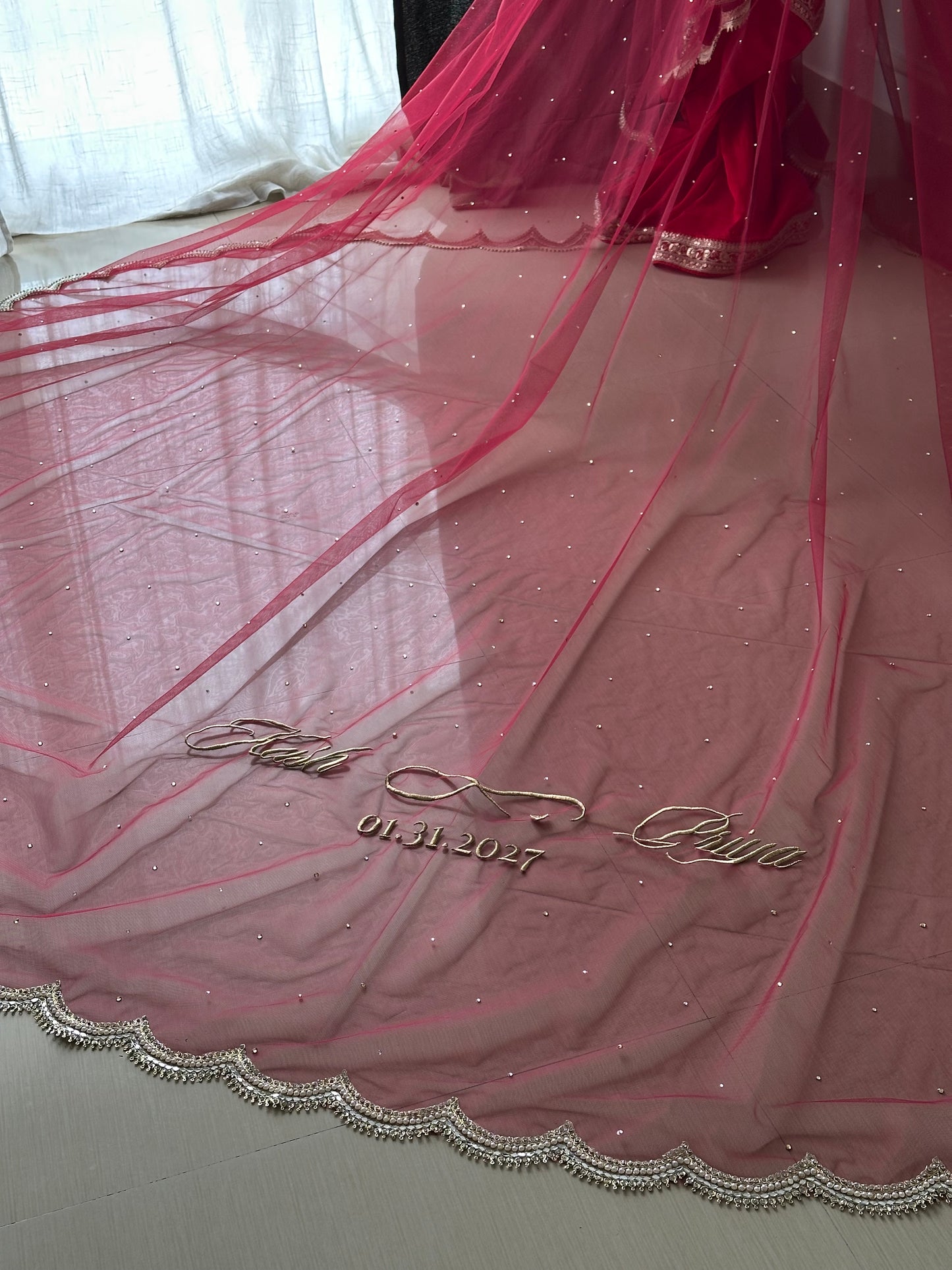 Ishq : A dark maroon veil with scalloped border and personalised quote and couple’s name