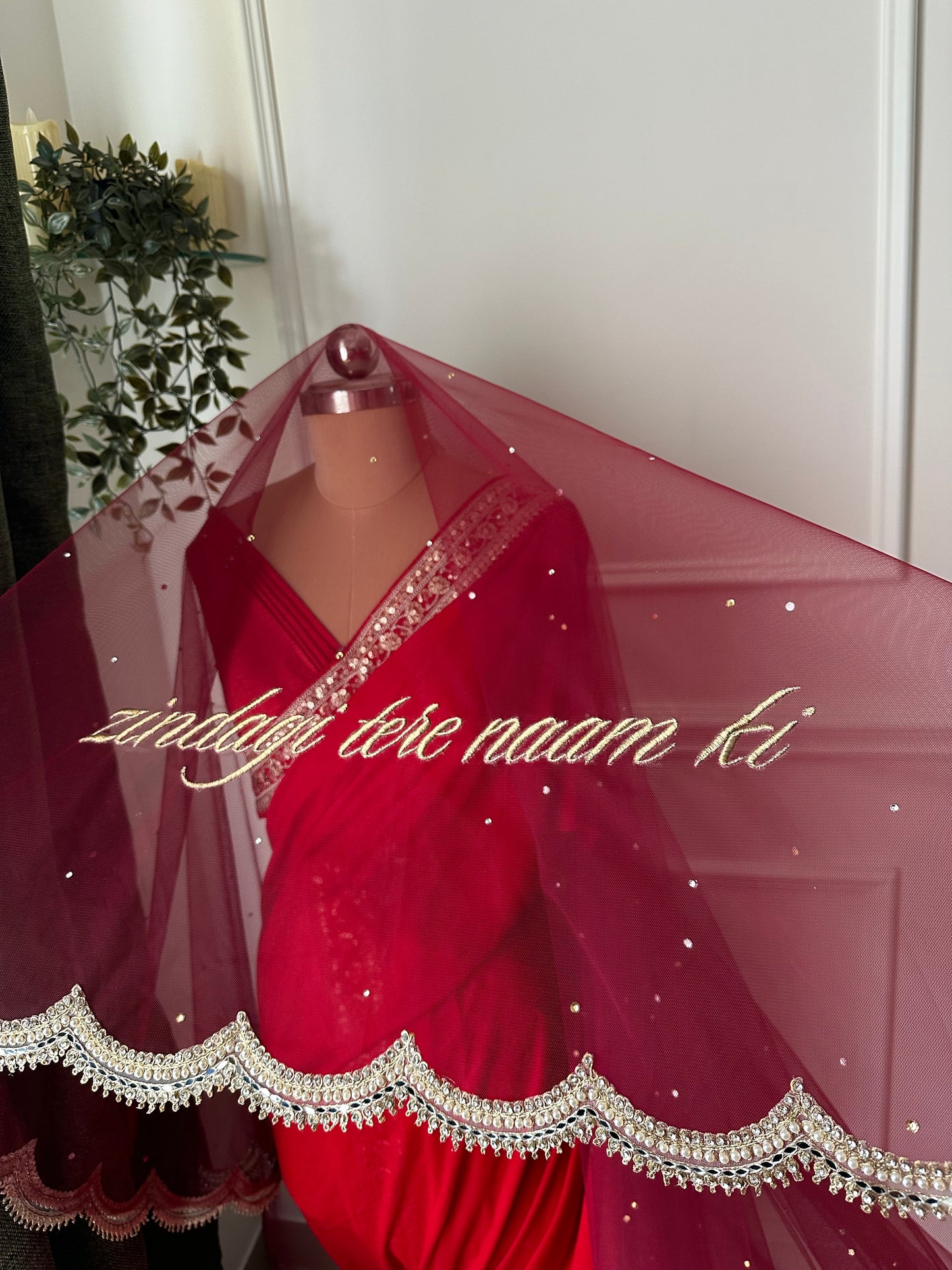 Ishq : A dark maroon veil with scalloped border and personalised quote and couple’s name