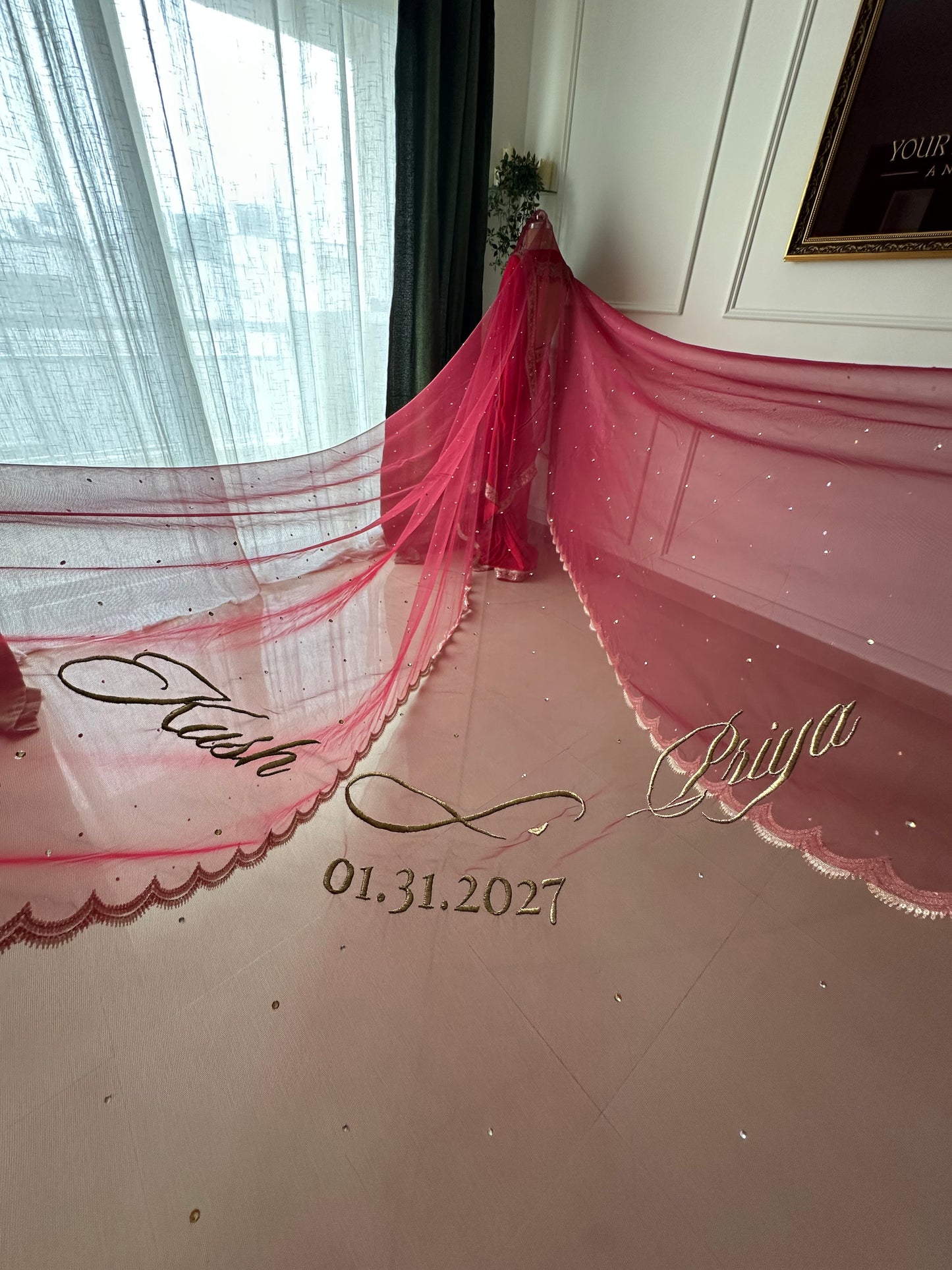 Ishq : A dark maroon veil with scalloped border and personalised quote and couple’s name