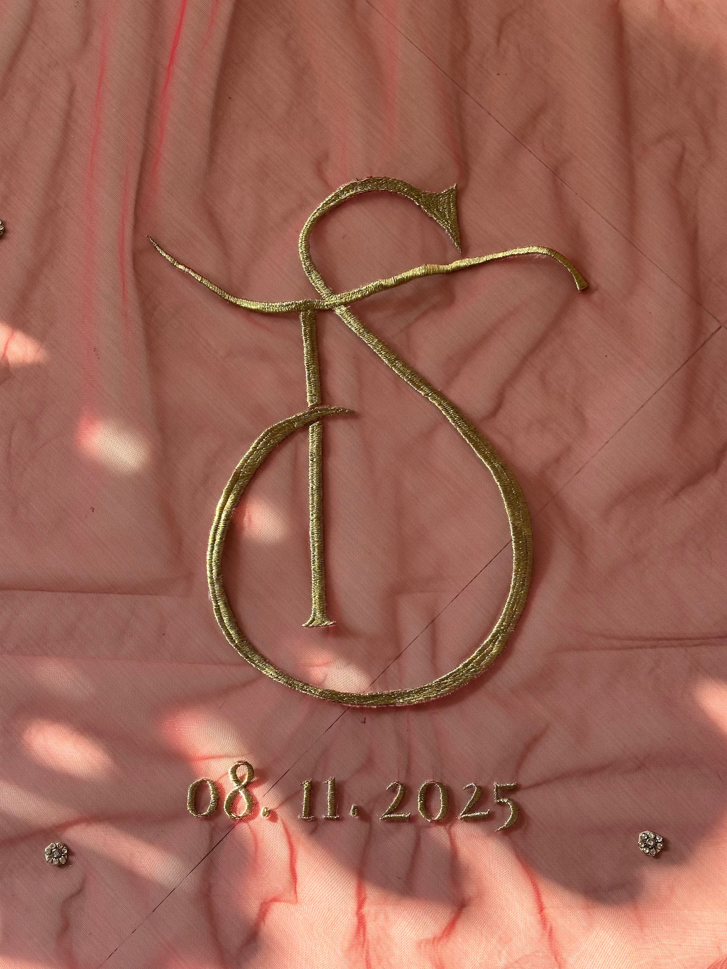 Crimson Flame : Red Bridal Veil with Golden Scalloped Border & Custom Embroidery