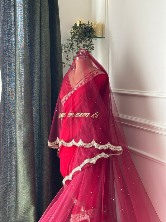 Ishq : A dark maroon veil with scalloped border and personalised quote and couple’s name