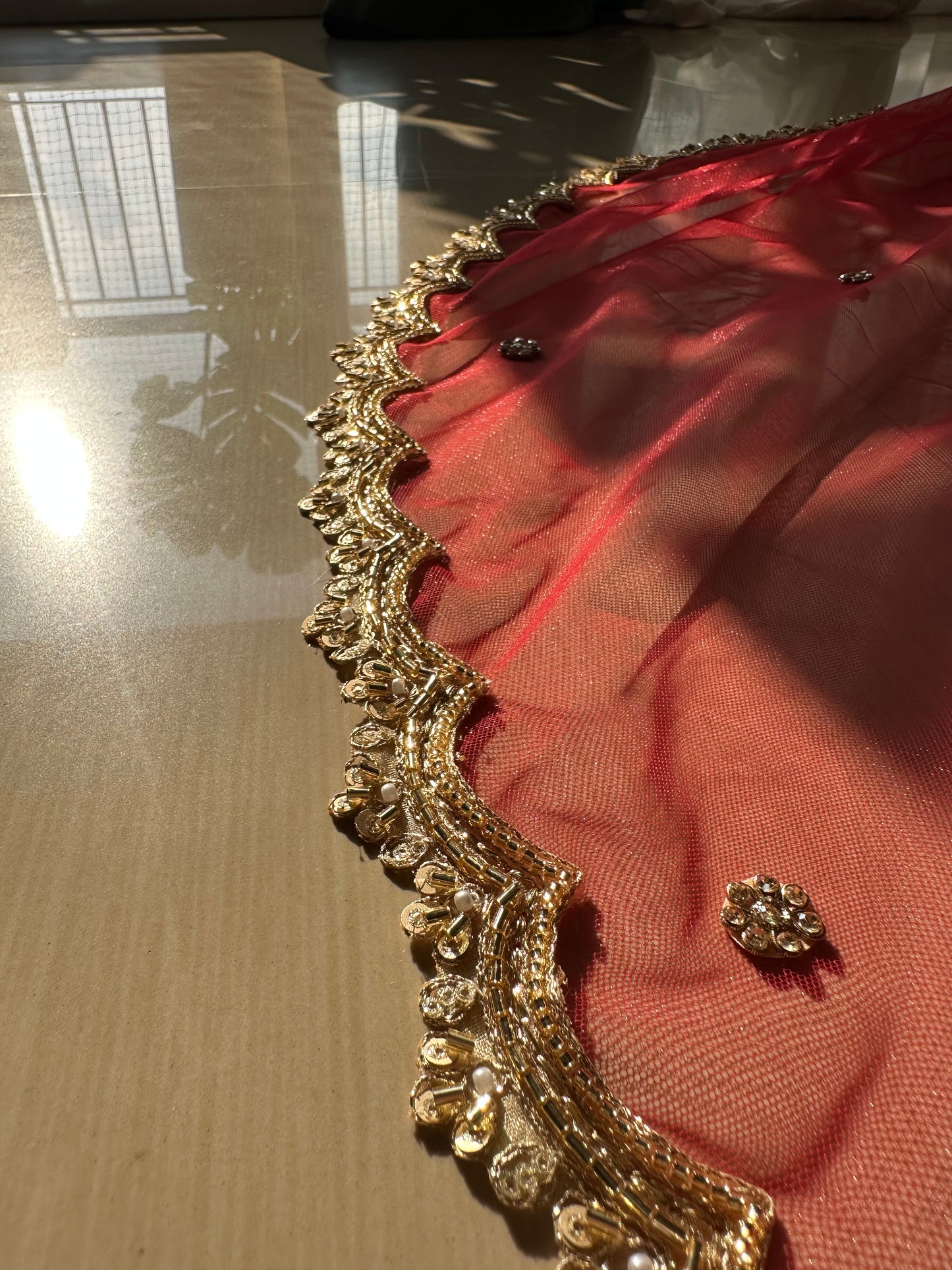 Crimson Flame : Red Bridal Veil with Golden Scalloped Border & Custom Embroidery