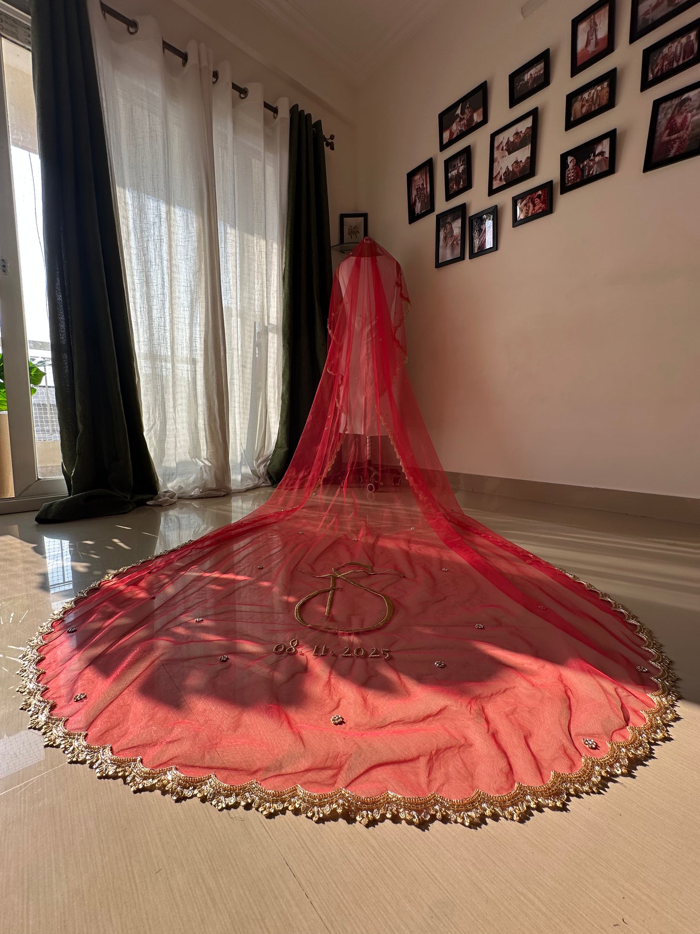 Crimson Flame : Red Bridal Veil with Golden Scalloped Border & Custom Embroidery