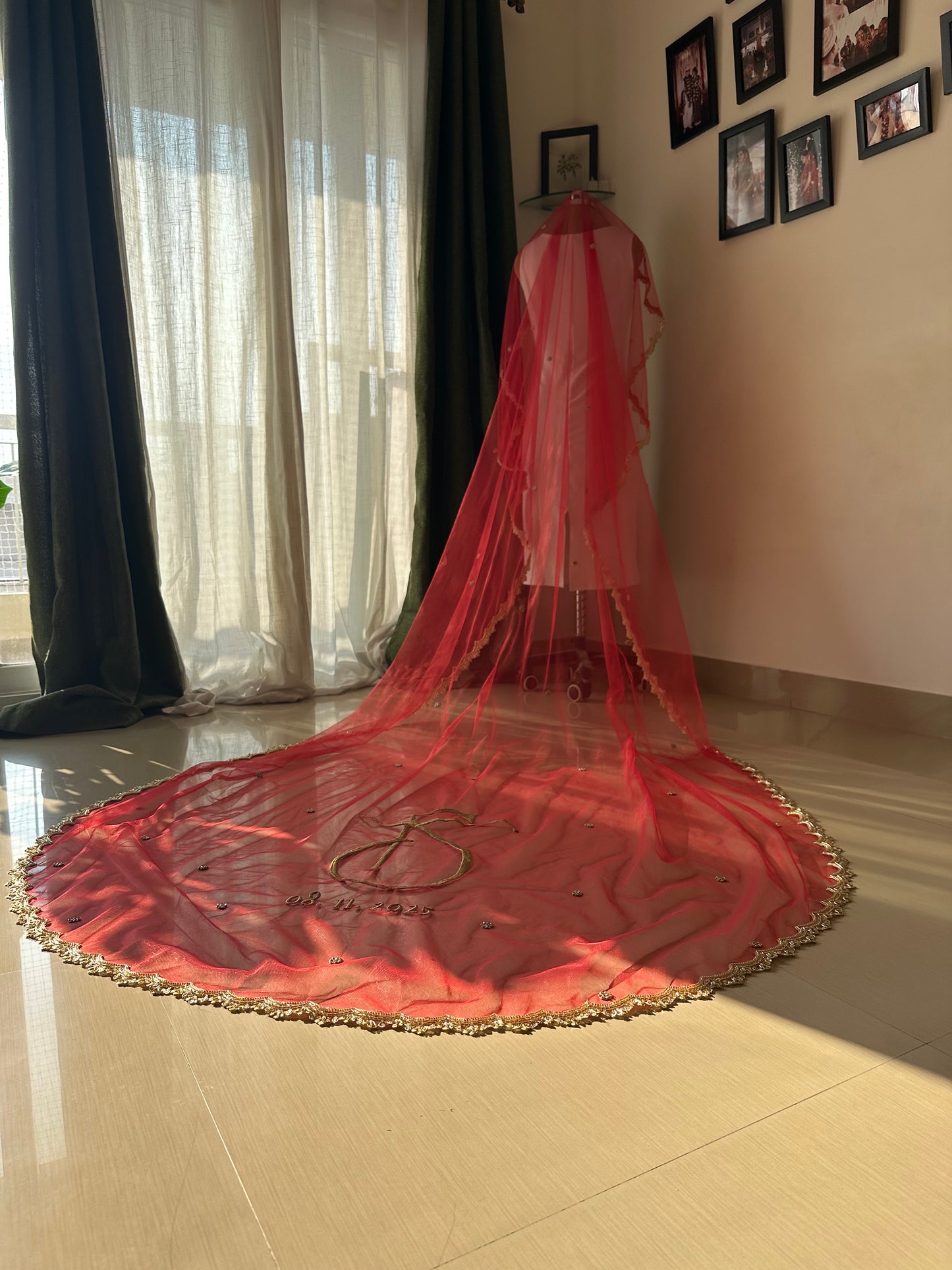 Crimson Flame : Red Bridal Veil with Golden Scalloped Border & Custom Embroidery