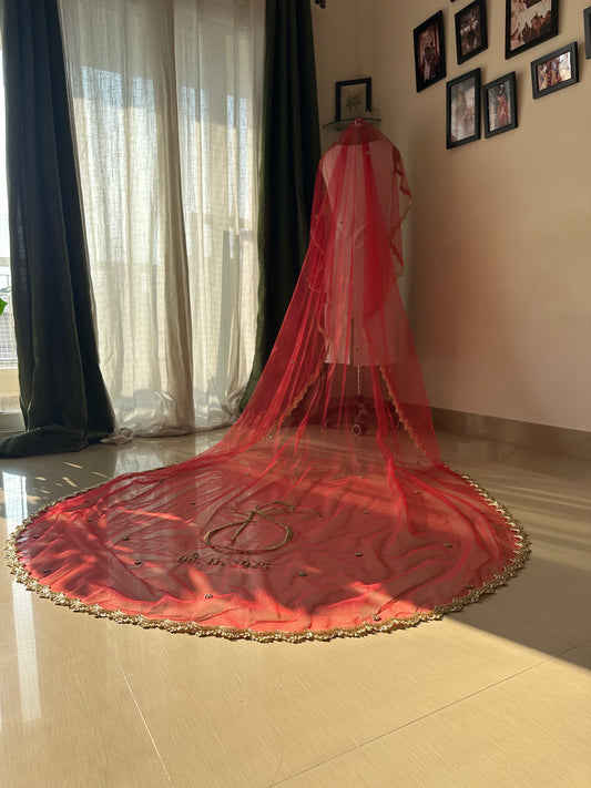 Crimson Flame : Red Bridal Veil with Golden Scalloped Border & Custom Embroidery