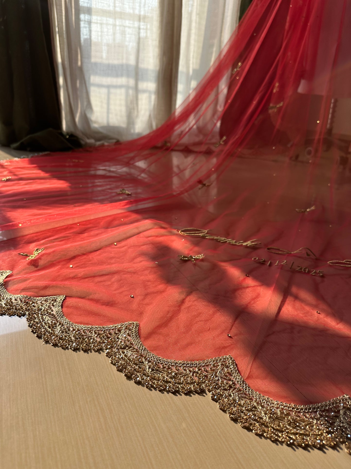 Enchanted Wings : Classic Red Bridal Veil with Stone-Studded Dragonflies