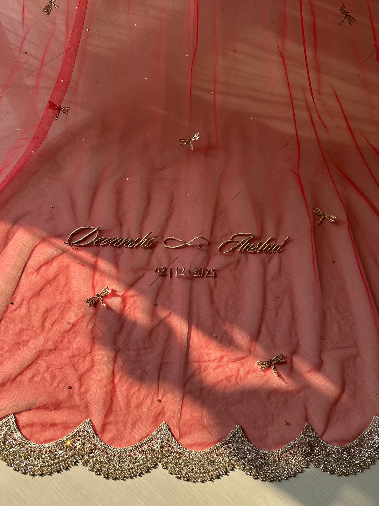 Enchanted Wings : Classic Red Bridal Veil with Stone-Studded Dragonflies