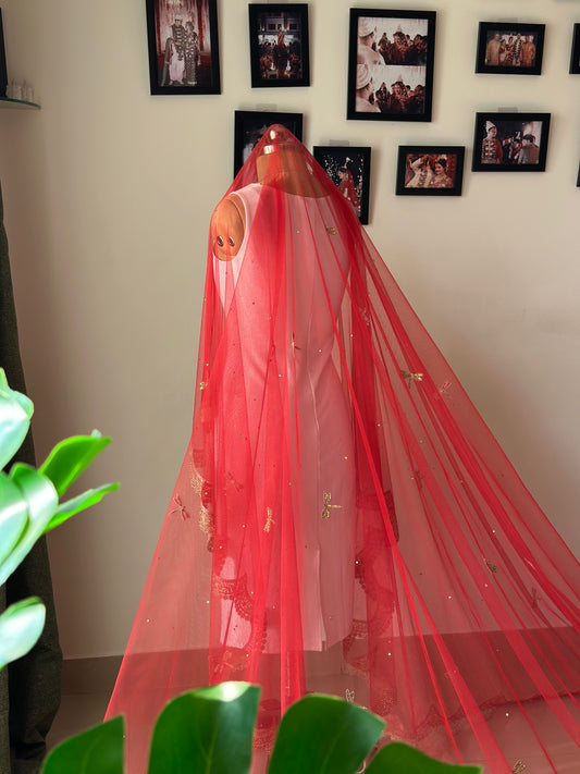Enchanted Wings : Classic Red Bridal Veil with Stone-Studded Dragonflies