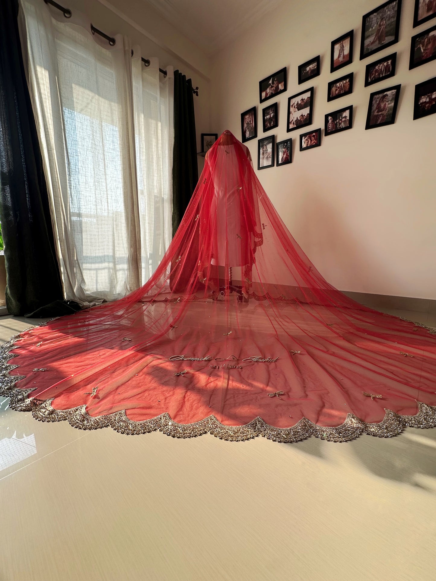 Enchanted Wings : Classic Red Bridal Veil with Stone-Studded Dragonflies