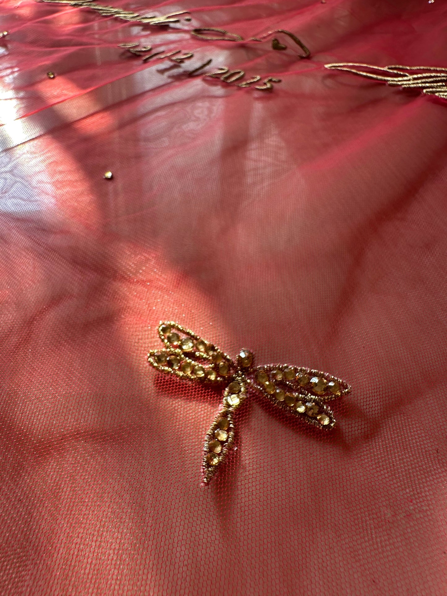 Enchanted Wings : Classic Red Bridal Veil with Stone-Studded Dragonflies