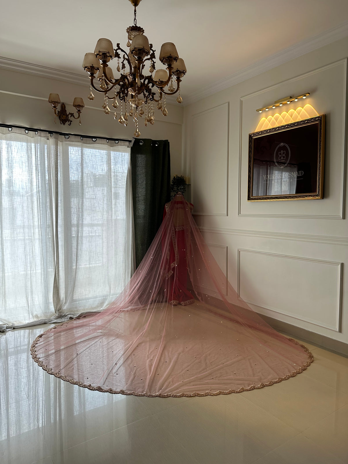 Rose nude : A Nude Pink veil with scalloped handcrafted zardozi border