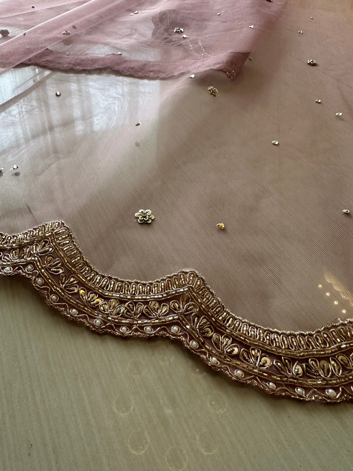 Rose nude : A Nude Pink veil with scalloped handcrafted zardozi border