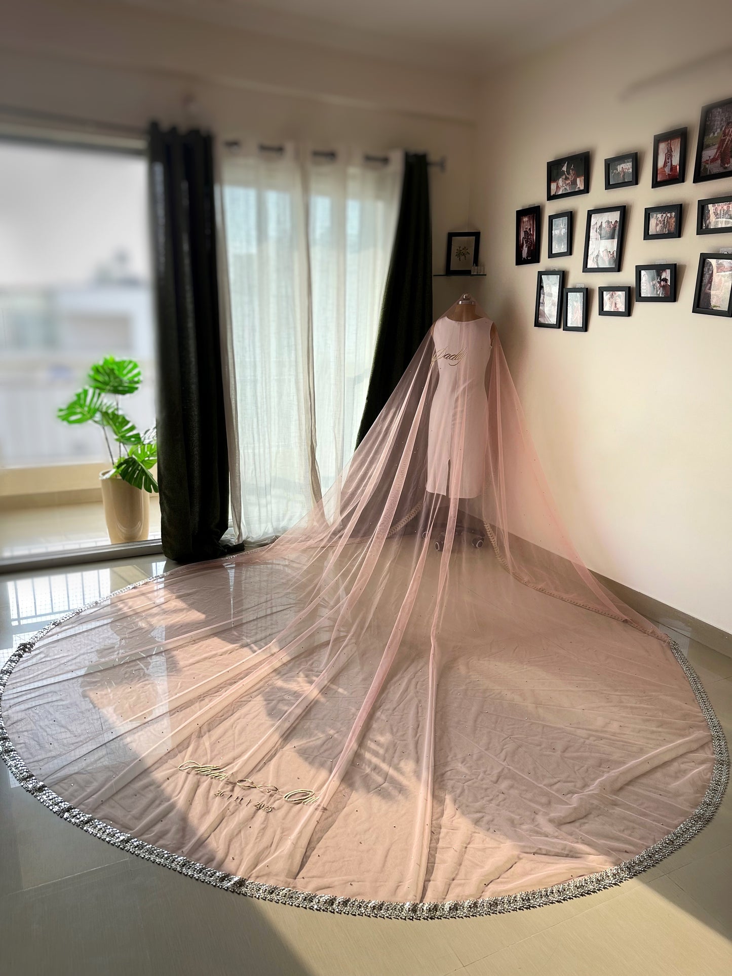 Sheesh Mahal : A Peachy-Pink mirrored Cathedral length Bridal Veil with embroidered personalisations