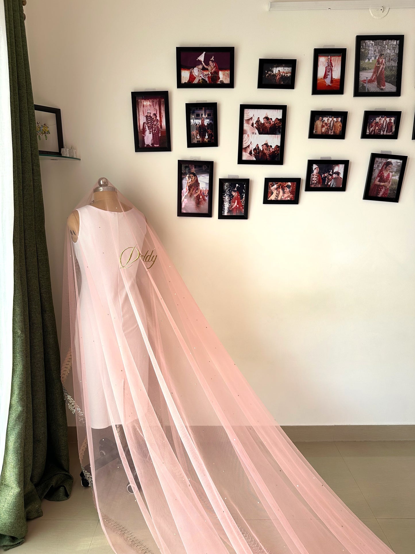 Sheesh Mahal : A Peachy-Pink mirrored Cathedral length Bridal Veil with embroidered personalisations