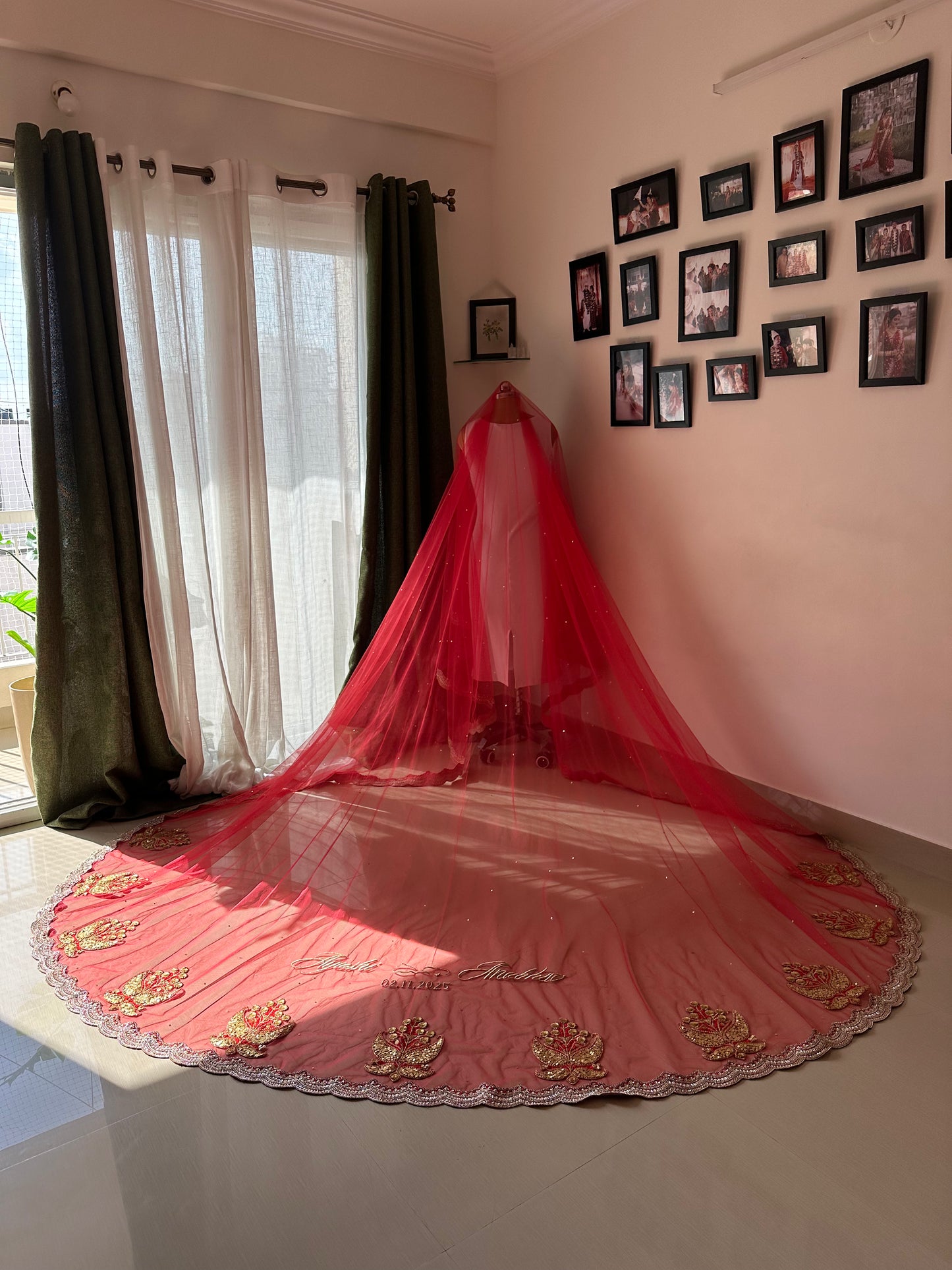 Ruhani – A Sabyasachi-Inspired Red Bridal Veil with Gold Sequins & Handcrafted Motifs